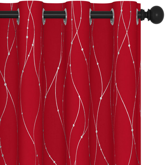 Deconovo Cortinas Opacas - Estampado de Puntos de Onda Plateados, Aislamiento Térmico, Reducción de Ruido, Cortinas de Privacidad para Dormitorio y Sala de Estar (52W x 84L Pulgadas, Rojo/Plateado, 2 Paneles)