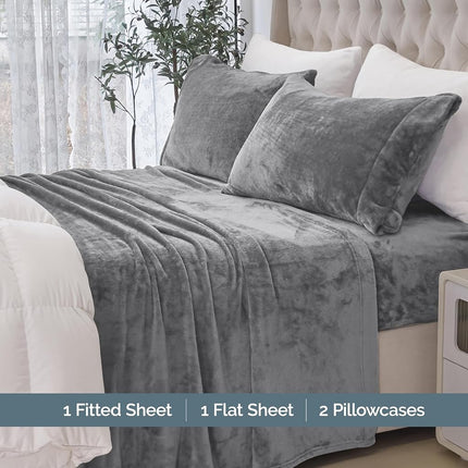 Elegant Comfort Luxuriously Soft 4-Piece Velvet Plush Flannel Sheet Set - Premium Quality - Cozy Warm, Anti-Static, Non Pilling Fuzzy Velvet Flannel Fleece Deep Pocket Sheet Set - Twin XL, Gray