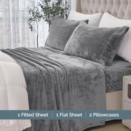 Elegant Comfort Luxuriously Soft 4-Piece Velvet Plush Flannel Sheet Set - Premium Quality - Cozy Warm, Anti-Static, Non Pilling Fuzzy Velvet Flannel Fleece Deep Pocket Sheet Set - Twin XL, Gray