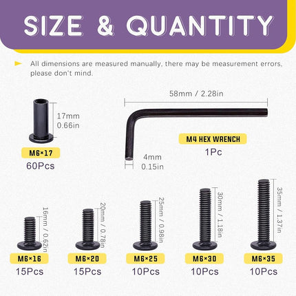 Swpeet 120Pcs M6x16mm/20mm/25mm/30mm/35mm Carbon Steel Black Hex Drive Socket Cap Bolts Barrel Nuts Kit with 1Pcs Allen Wrench, Screw Post Fit for Furniture Countsunk Belt Buckle Leather Binding Bolts