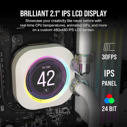 Corsair XC7 RGB ELITE LCD CPU Water Block - 480x480 IPS LCD Screen - 31 RGB LEDs - USB-C - Fits Intel® LGA 1700, AMD® AM5 and older - White