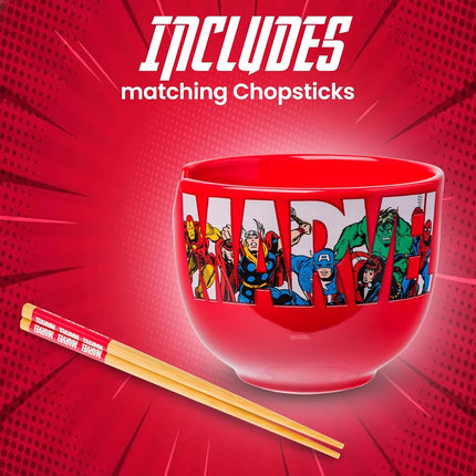 Silver Buffalo Marvel Comics Retro Characters in Logo Boxed Ceramic Ramen Bowl with Chopsticks, 20 Ounces