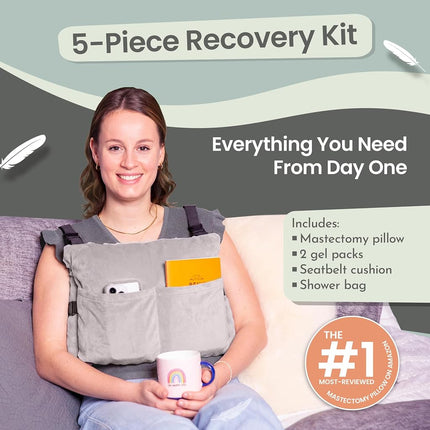MOYOAMA Bundle Grey Plush: Mastectomy Pillow IR Design with Shower Bag, 2X Coldpacks, and Seatbelt Pillow