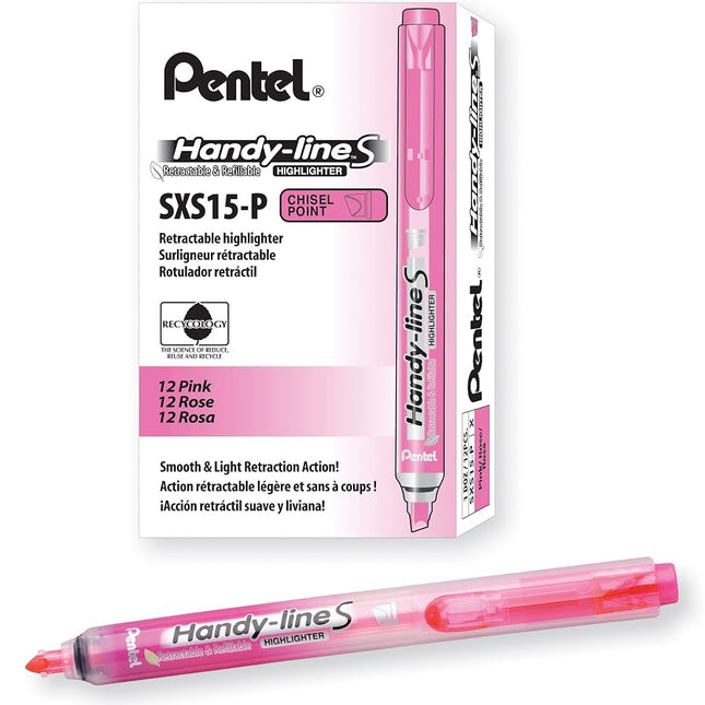 Pentel SXS15P Handy-line S Retractable Refillable Highlighter, Pink, Box of 12