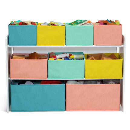 Organizador de juguetes de lujo con varios compartimentos y contenedores de almacenamiento de Delta Children, con certificación Greenguard Gold, blanco con contenedores azules/naranjas/en tonos pastel