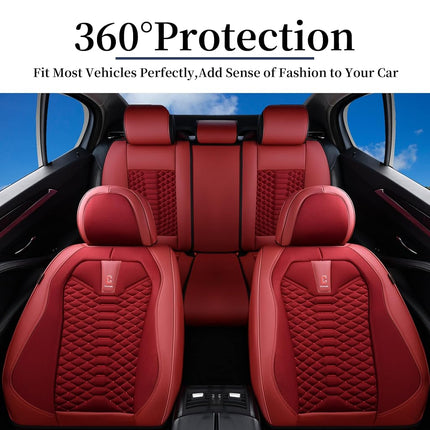 Coverado Car Seat Covers Full Set, Red Seat Covers for Cars 5 Seats, Breathable Fabric& Faux Leather Car Seat Cushions, Front and Rear Car Seat Protectors, Universal Seat Covers Fit for Most Vehicles