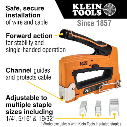 Klein Tools 450-100 Heavy Duty Stapler for Voice, Data, Video and Nonmetallic Sheathed (Romex) Cable Fits 1/4-, 5/16-, and 19/32-Inch Staples