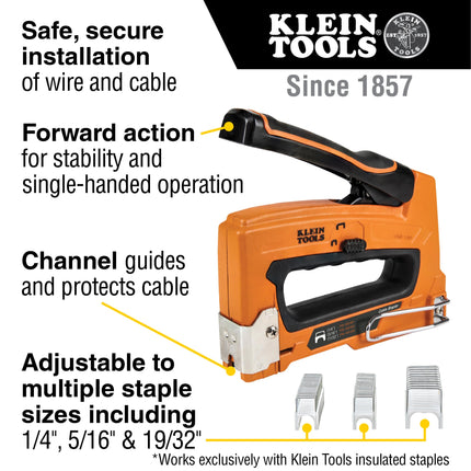 Klein Tools 80169 Heavy-Duty Cable Stapler with 600 Insulated Staples, Includes 300-Pack 19/32 x 11/32-Inch and 300-Pack 31/64 x 13/64-Inch Sizes