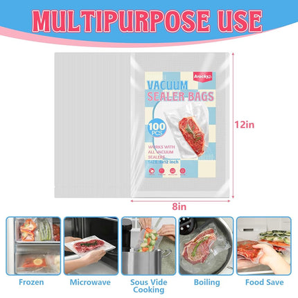 Bolsas para sellar alimentos al vacío, 100 unidades de 20x30 cm, bolsas de sellado al vacío, sin BPA, precortadas para almacenamiento, preparación de comidas o sous vide, grado comercial, de alta resistencia