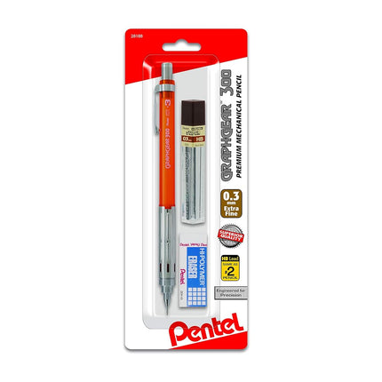 Pentel Arts GraphGear 300 Mechanical Pencil, (0.3mm) Extra-fine line, Orange Barrel, w/small block eraser + 1 lead tube