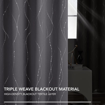 Deconovo Cortinas Opacas para Dormitorio, 72 Pulgadas de Largo - Cortinas para Oscurecer la Habitación, Cortinas con Ojales para Ventana, Diseño de Ondas y Puntos (38 Ancho X 72 Largo, Negro, Juego de 2)
