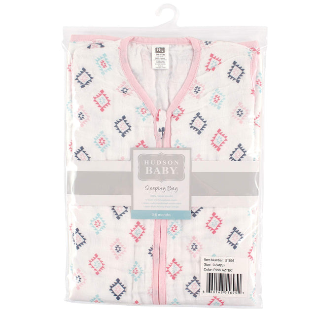 Hudson Baby Unisex Baby Muslin Cotton Sleeveless Wearable Sleeping Bag, Sack, Blanket, Pink Aztec, 0-6 Months