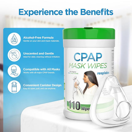 resplabs CPAP Mask Cleaning Wipes - Unscented, Alcohol-free Cleaner for All Masks, Cushions, Supplies - 110 Wipe Pack
