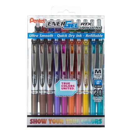 Pentel EnerGel RTX True Colors United (0.7mm) Medium Line, Assorted Ink, 20 Pack Box