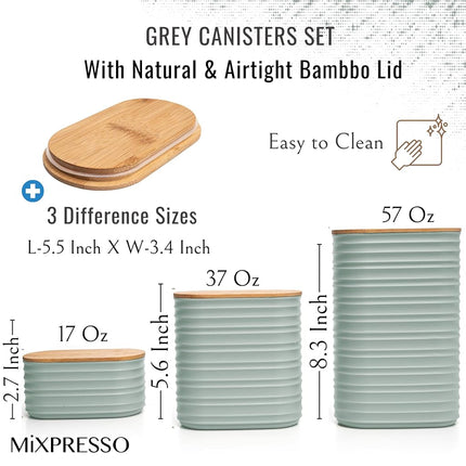 Mixpresso Gray Canisters Sets for the Kitchen – 3-Piece Airtight Plastic Sugar Container Set with Bamboo Lids in Three Different Sizes – Decorative Modern Storage Jars for Coffee, Tea & Countertops