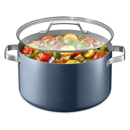 Olla para caldo de aluminio azul de 12.5 cuartos con tapa, olla antiadherente con revestimiento cerámico, sin PTFE ni PFAS, apta para horno hasta 500°F, asas remachadas de acero inoxidable, tapa de vidrio templado, compatible con todas las estufas