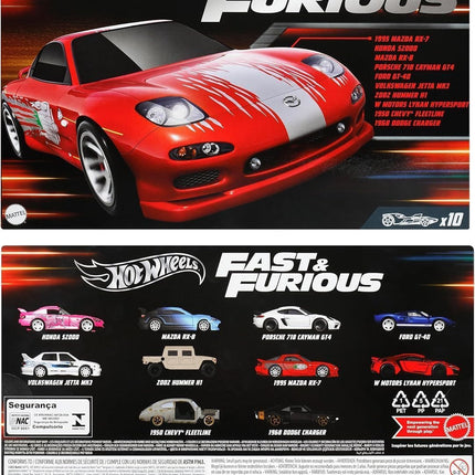 Hot Wheels 10-Pack Fast & Furious HVX27 Car Toy, Miniature Car Toy, for Kids Ages 3+ and Multicolor