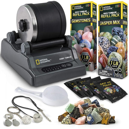 Kit de polissage de pierres National Geographic Hobby Rock Tumbler - Polisseur de pierres pour enfants et adultes, baril à réduction de bruit, grains de polissage, 1,1 kg de pierres précieuses brutes et mélange de jaspe, excellent kit de passe-temps STEM