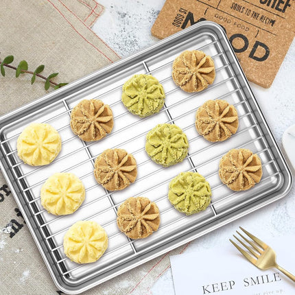 Deedro Stainless Steel Baking Sheet & Rack Set [2 Sheets + 2 Racks], 9.33 x 7 x 1 Inch, Heavy Duty, Non-toxic, Easy Clean