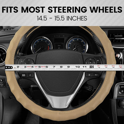 Funda de volante de cuero genuino beige BDK para automóvil, mediana (14.5" - 15.5") – Agarre ergonómico cómodo para hombres y mujeres, funda de volante de automóvil de ajuste universal para la mayoría de los vehículos