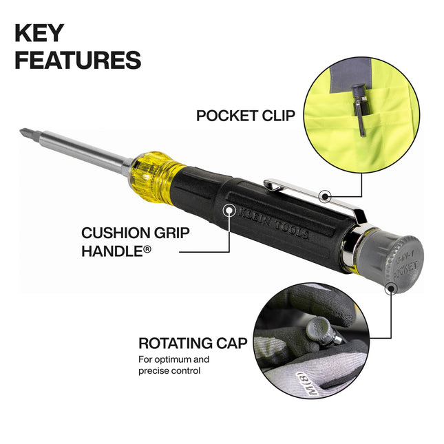 Klein Tools 32600P Mini Precision Screwdriver with Pocket Clip, 13-in-1 Magnetic All-Purpose Driver with Nut Drivers, Phillips, Slotted, and TORX Tips
