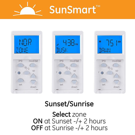 GE SunSmart In-Wall Digital Timer, Automates Indoor and Outdoor Lights, Daily/Weekly Settings, Sunset/Sunrise Presets, ON/OFF Push Button Door, Backlit LCD, White and Lt. Almond Door, 32787