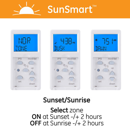 Temporizador digital de pared GE SunSmart, automatiza luces interiores y exteriores, configuraciones diarias/semanales, preajustes de atardecer/amanecer, puerta con botón de encendido/apagado, LCD retroiluminada, puerta blanca y almendra clara, 32787