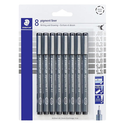 Pack de delineadores de pigmento STAEDTLER, negro, 8 bolígrafos, anchos de línea surtidos, 0,05 mm, 0,1 mm, 0,2 mm, 0,3 mm, 0,5 mm, 0,8 mm, 1,0 mm, 1,2 mm