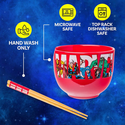 Silver Buffalo Marvel Comics Retro Characters in Logo Boxed Ceramic Ramen Bowl with Chopsticks, 20 Ounces