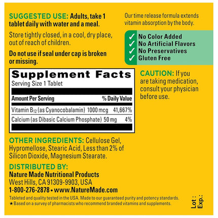 Nature Made Vitamin B12 1000 mcg Time Release Tablets, 75 Count (Packaging May Vary)