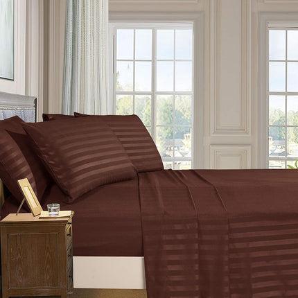 Elegant Comfort Luxury Soft Bed Sheets Dobby Stripe 1500 Thread Count Percale Egyptian Quality Softness Wrinkle and Fade Resistant (6-Piece) Bedding Set, California King, Espresso Brown