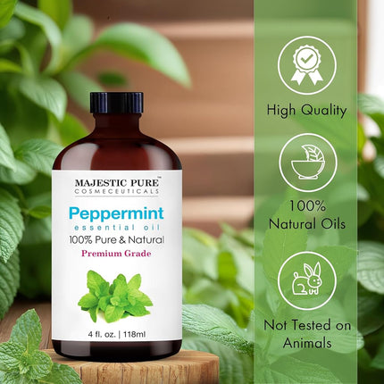 MAJESTIC PURE Peppermint Essential Oil | 100% Pure and Natural Peppermint Oil | Premium Grade Essential Oils for Hair Care, Home Diffusers, Skin, Aromatherapy, Massage and Humidifiers | 4 Fl Oz