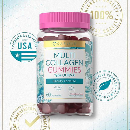 Collagen Gummies | 60 Count | Multi Collagen Complex | Beauty Formula Supplement | Mixed Berry Flavor | Non-GMO, Gluten Free | Carlyle