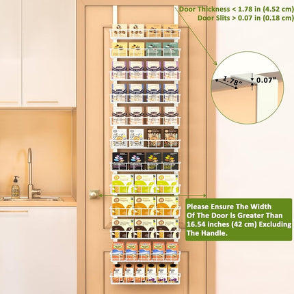 Churboro Over the Door Pantry Organizer Rack with 12 Adjustable Baskets, 12 Tiers Dual-use Spice Rack- Hanging or Wall Mount Spice Rack, Pantry Door Organizer, White