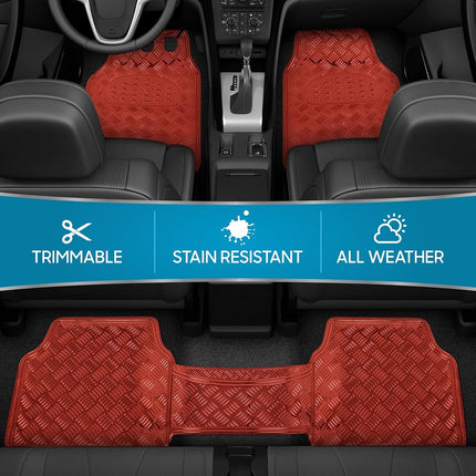 BDK Metallic Chrome Car Floor Mats All-Weather Universal Fit Automotive Floor Mats for Cars SUVs, Floor Mats for Trucks, Car Mats Full Set Front & Rear, Non-Slip Shiny Durable Heavy Duty - Red
