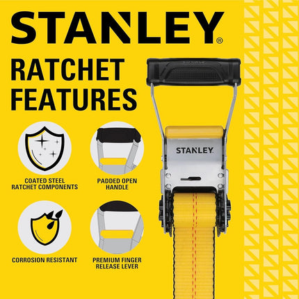 STANLEY S10000F Black/Yellow 2" x 27' Ratchet Strap with Flat Hooks - 3,333 LBS Safe Working Load / 10,000 LBS Break Strength