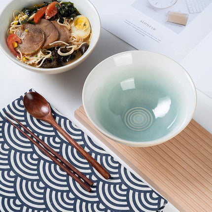 HOKELER Ceramic Japanese Ramen Bowl Set, 2 Sets Asian Pho Udon Soup Noodle Bowls with Spoons and Chopsticks (Green, 8 inches)
