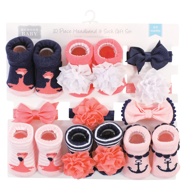 Hudson Baby Baby Girls' Headband and Socks Giftset, Flamingo 10-Pack, 1 Count (Pack of 10)