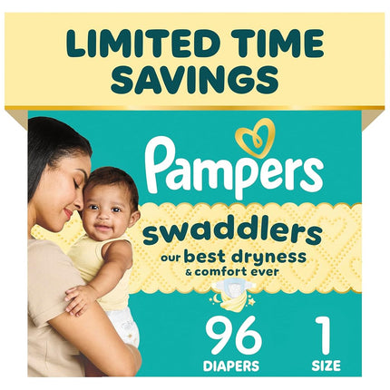 Couches Pampers Swaddlers, Taille 1 (4-6 kg), Paquet de 96, Absorbantes, Maintiennent Bébé au Sec et Confortable, Couche Jetable Sûre pour la Peau de Bébé (L'emballage Peut Varier)