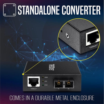 TRENDnet Convertidor de Fibra Multimodo SC de 100 Base-T a 100 Base-FX, Independiente, Puerto Fast Ethernet Auto-MDIX de 10/100 Mbps, Red de Fibra de hasta 2 km (1.25 millas), Capacidad de Conmutación de 200 Mbps, TFC-FMSC