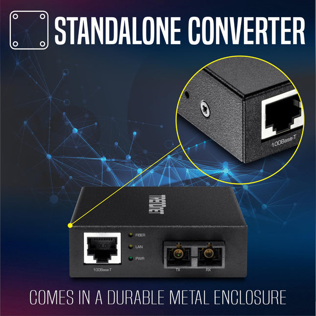 Convertisseur fibre optique multimode SC 100 Base-T vers 100 Base-FX de TRENDnet, autonome, port Fast Ethernet Auto-MDIX 10/100 Mbps, réseau fibre optique jusqu'à 2 km (1,25 miles), capacité de commutation de 200 Mbps, TFC-FMSC