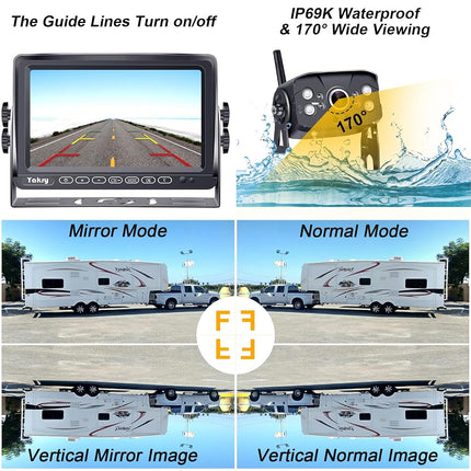Wireless Reverse Camera System with 7" IPS Monitor, 1080P HD Backup Camera for RV, Caravan, Trailer & Truck, Up to 4 Cameras, Long Range Signal, Night Vision, IP69 Waterproof