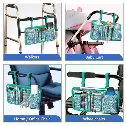 FINPAC Wheelchair Side Storage Bag w/Cup Holder, Wheelchair Armrest Accessories Pouch with Pen Slot and Reflective Strips for Power Walkers, Rollators, Seniors - Emerald Illusions