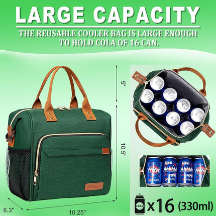 TuErCao Insulated Lunch Bag Lunch Box for Women Men for Work Travel Leakproof Portable Soft Cooler for Beach Picnic, Green