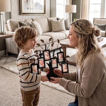 Americanflat Bronze Family Tree with 6 Hanging Picture Frames 2" x 3" in Black and Adjustable Ribbon Tassels - 12"