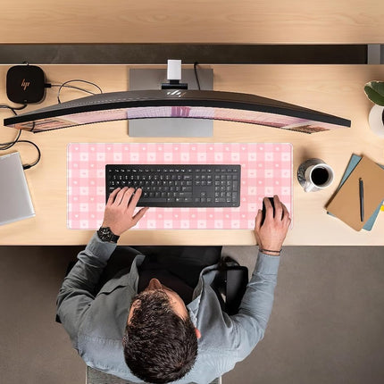 Pink Minimalist Gingham Floral Desk Mat Gaming Mouse Pad Large Cute Pastel Desk Pad Deskmat Kawaii, Women Office Desk Cover Mat, Laptop Computer Keyboard Mat Mousepad Desk Accessories 31.5"x11.8"