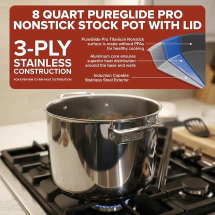 Olla para caldo antiadherente de 3 capas Viking PureGlide Pro de 8 cuartos con tapa, olla para sopa y pasta, interior de titanio, apta para horno y asador, lista para inducción