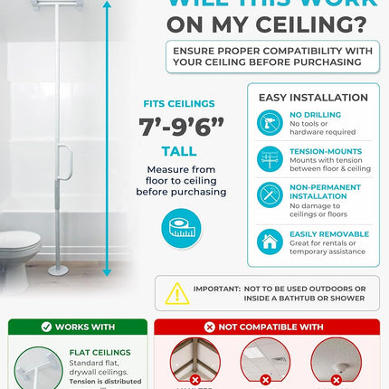 Able Life Universal Floor to Ceiling Grab Bar, Elderly Tension Mounted Transfer Pole, Bathroom Safety Grab Bar and Support Rail with Assist Handle (Eligible for VAT Relief in the UK)