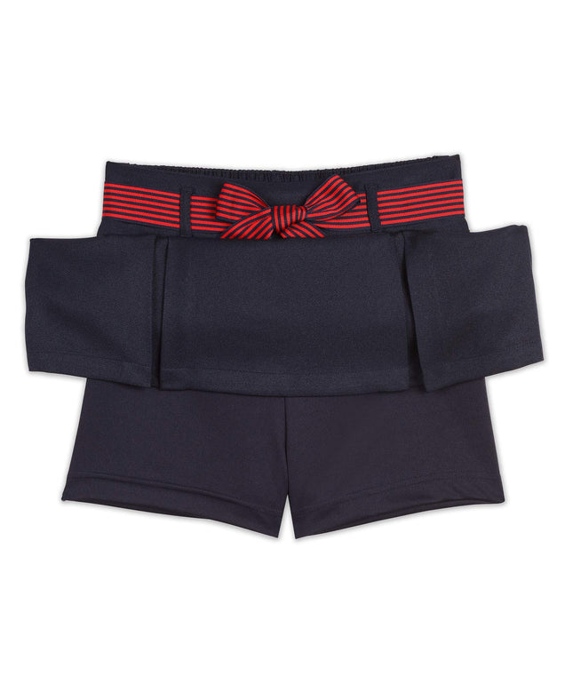 Nautica Girls' School Uniform Pleated Pull-on Scooter Skirt with Undershorts, Knit Waistband, Wrinkle & Fade Resistant, Navy/Striped Belt, 16 Plus
