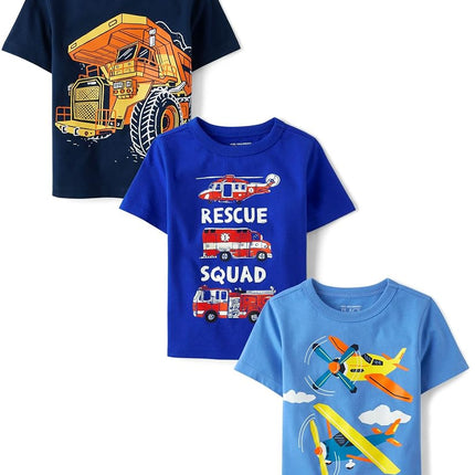 Lot de t-shirts à manches courtes à motif véhicule pour bébés et tout-petits garçons The Children's Place, Ensembles de 3, Secours/Avions/Construction, 2T